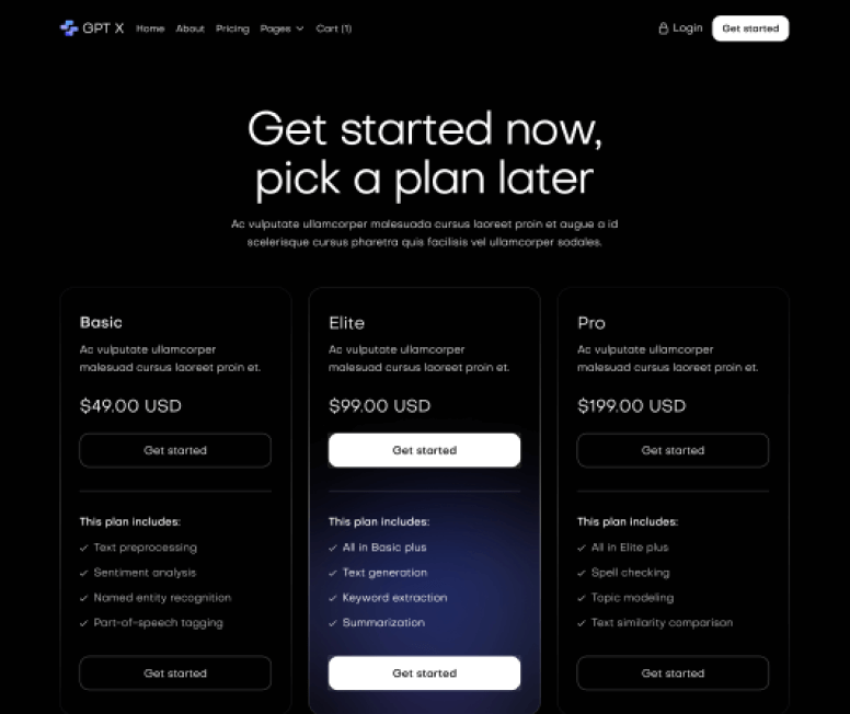 GPT X - Pricing Page - AI & Machine Learning Webflow Template